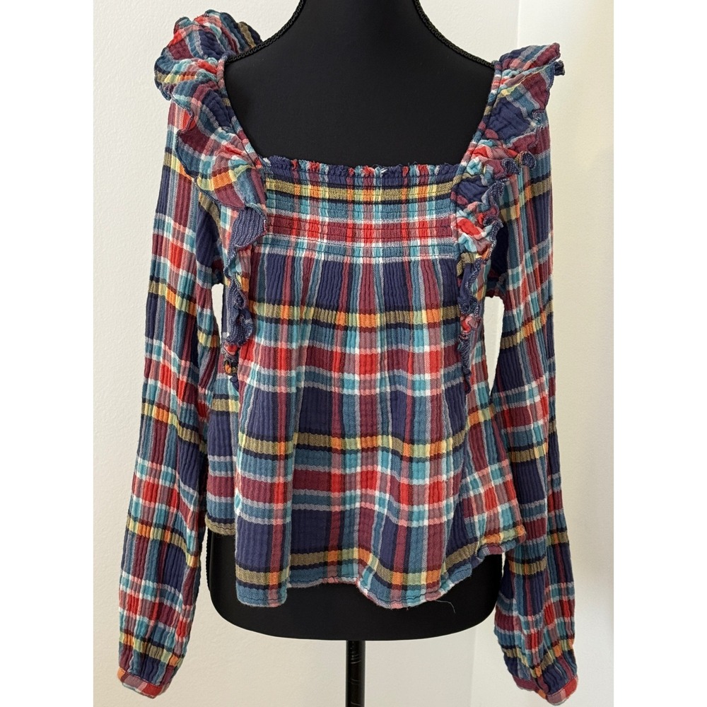 We The Free People Plaid‎ Smocked Ruffle Blouse Multicolor XS
